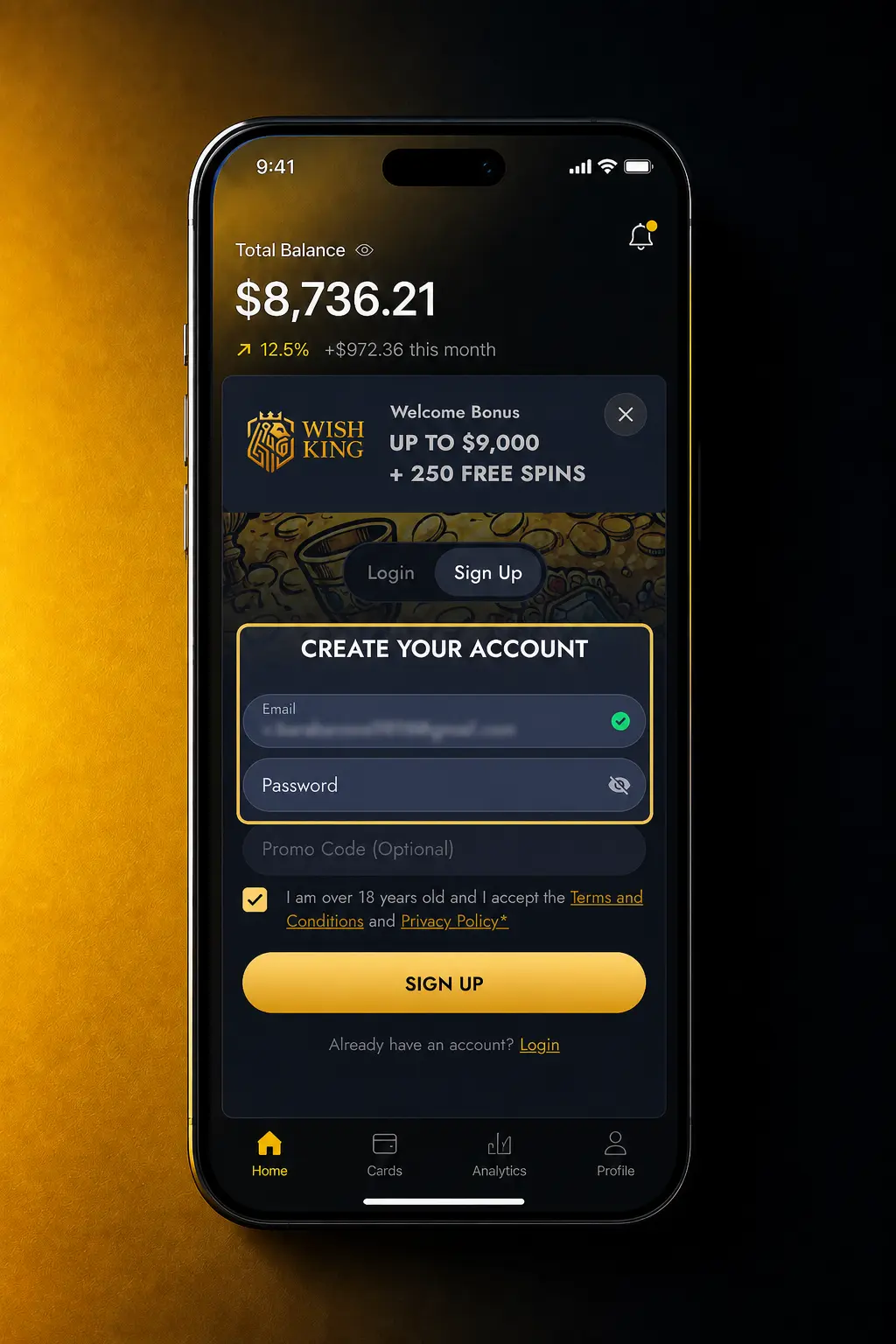 Step-by-step screenshot guide for completing WishKing account registration and email verification