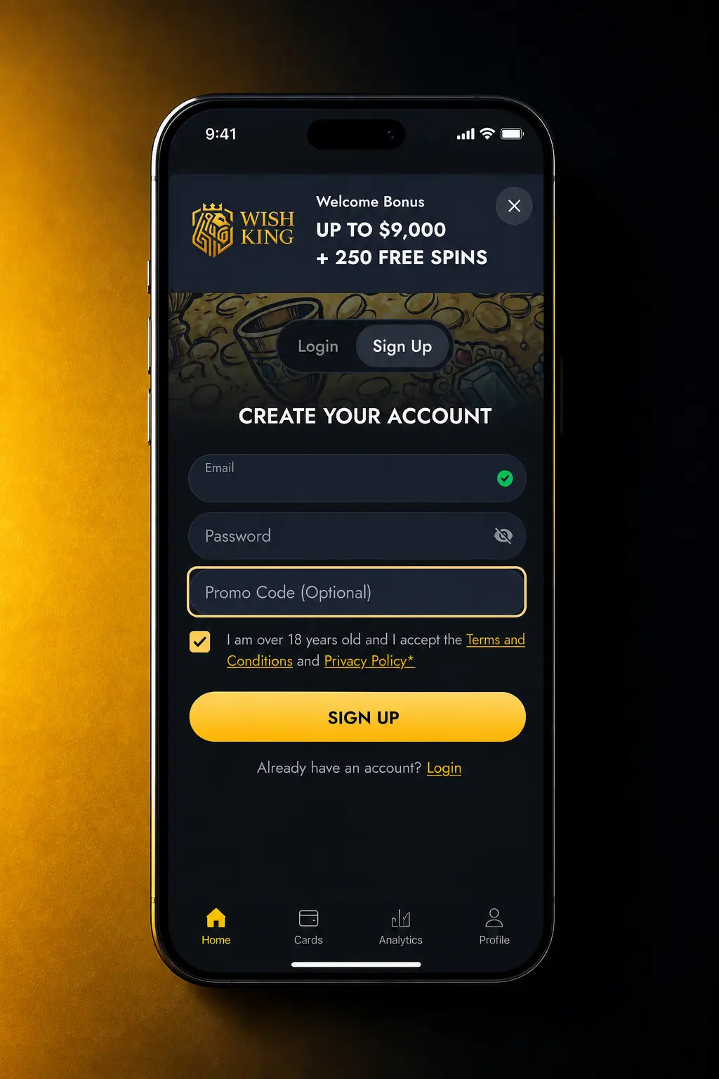 Step-by-step screenshot showing how to complete WishKing account registration and sign up form
