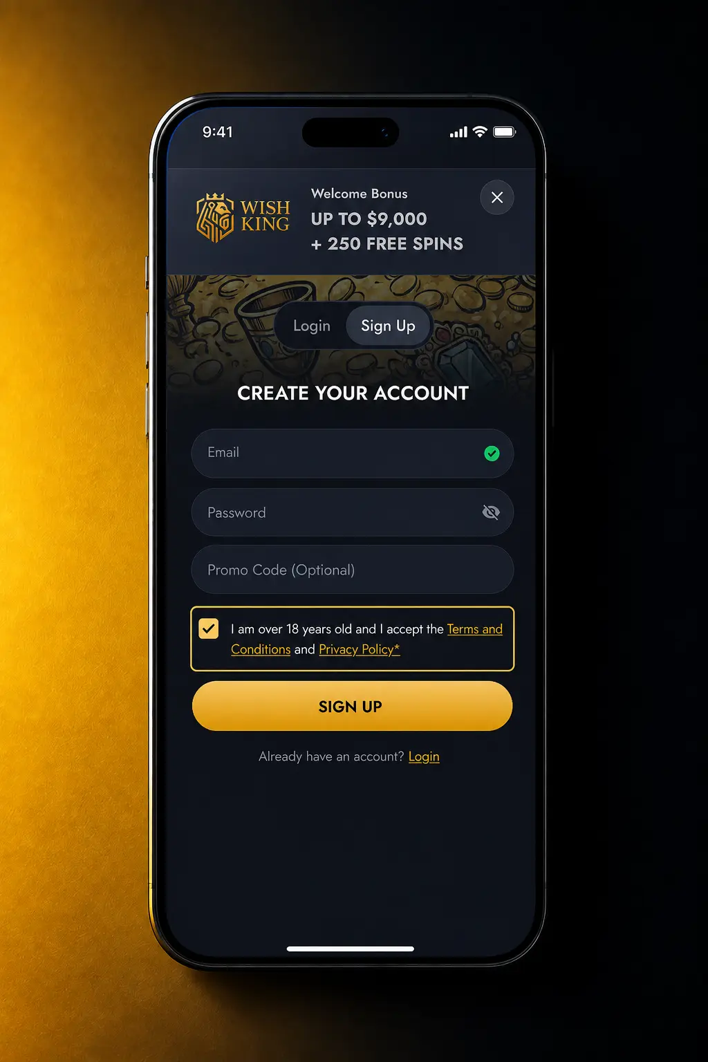 Step-by-step screenshot showing how to complete WishKing account registration and sign up process