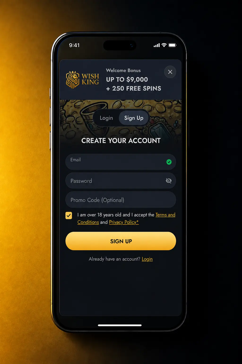 Step-by-step screenshot showing how to complete WishKing account registration and sign up process