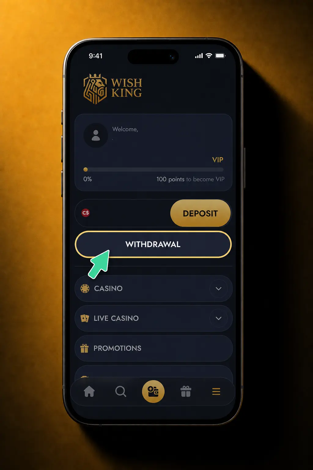 Step-by-step guide showing how to withdraw money from your WishKing account via the Cashier menu