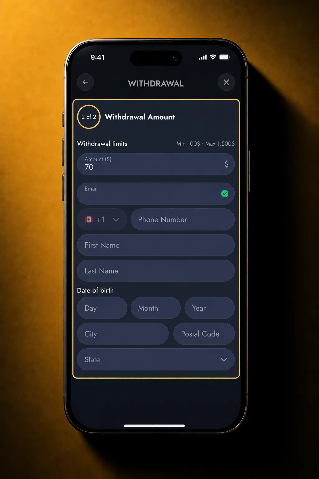 Step-by-step screenshot showing how to withdraw money from WishKing account via Cashier menu
