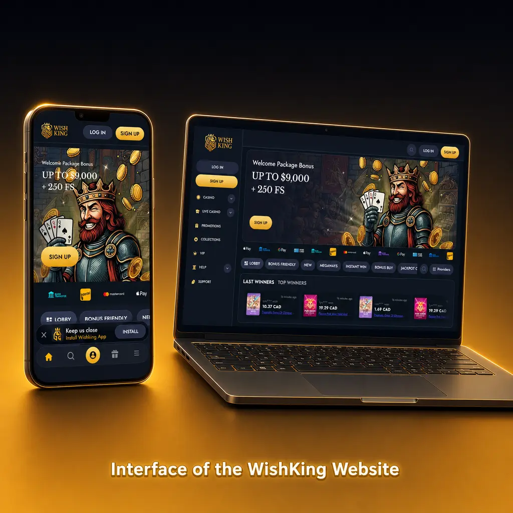 WishKing homepage with dark navy layout, amber accents, top navigation for Sports, Casino, and Live Betting options