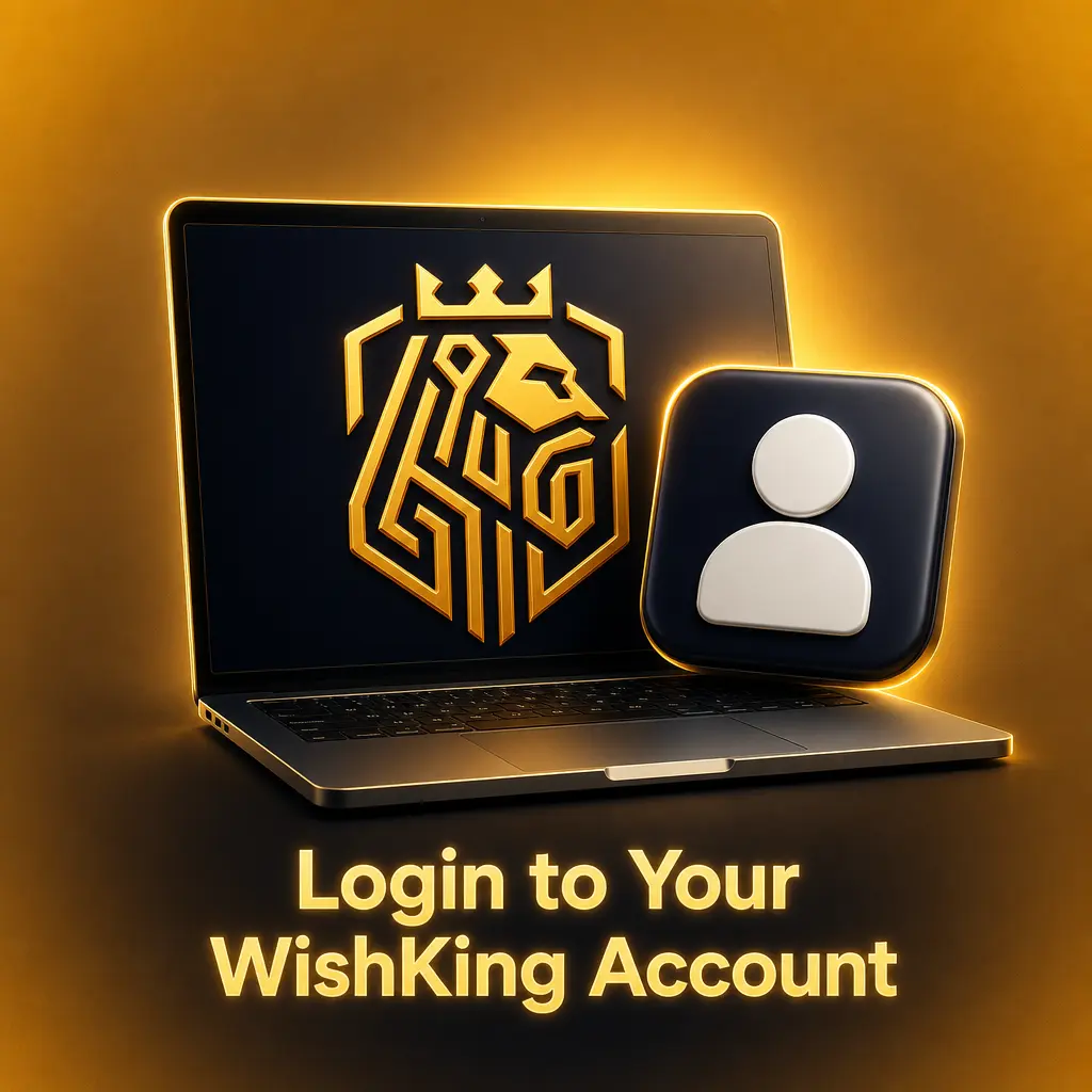 WishKing account login screen showing email, password fields and access to balance, bets and bonuses.