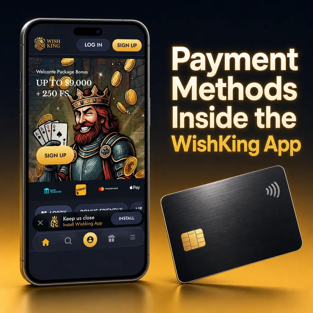 WishKing app payment options including bank transfer, crypto, cards, e-wallets, GPay, and Apple Pay for deposits