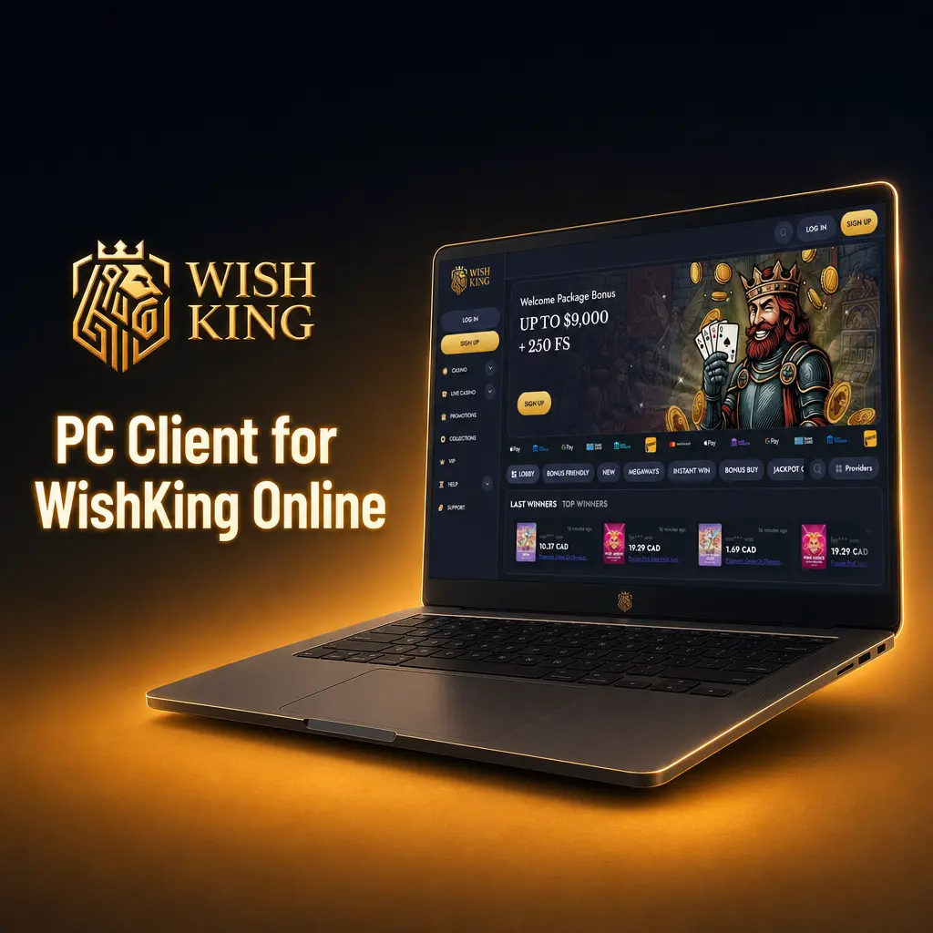 WishKing Online PC browser interface showing casino games and betting options on the official website