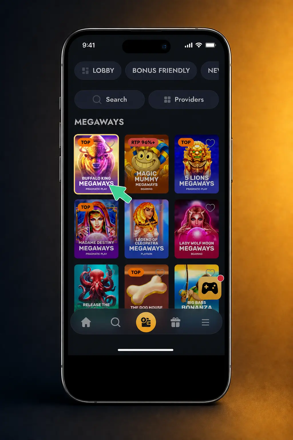 Step-by-step guide showing how to log in, select Slots, search for a game, and spin at WishKing.