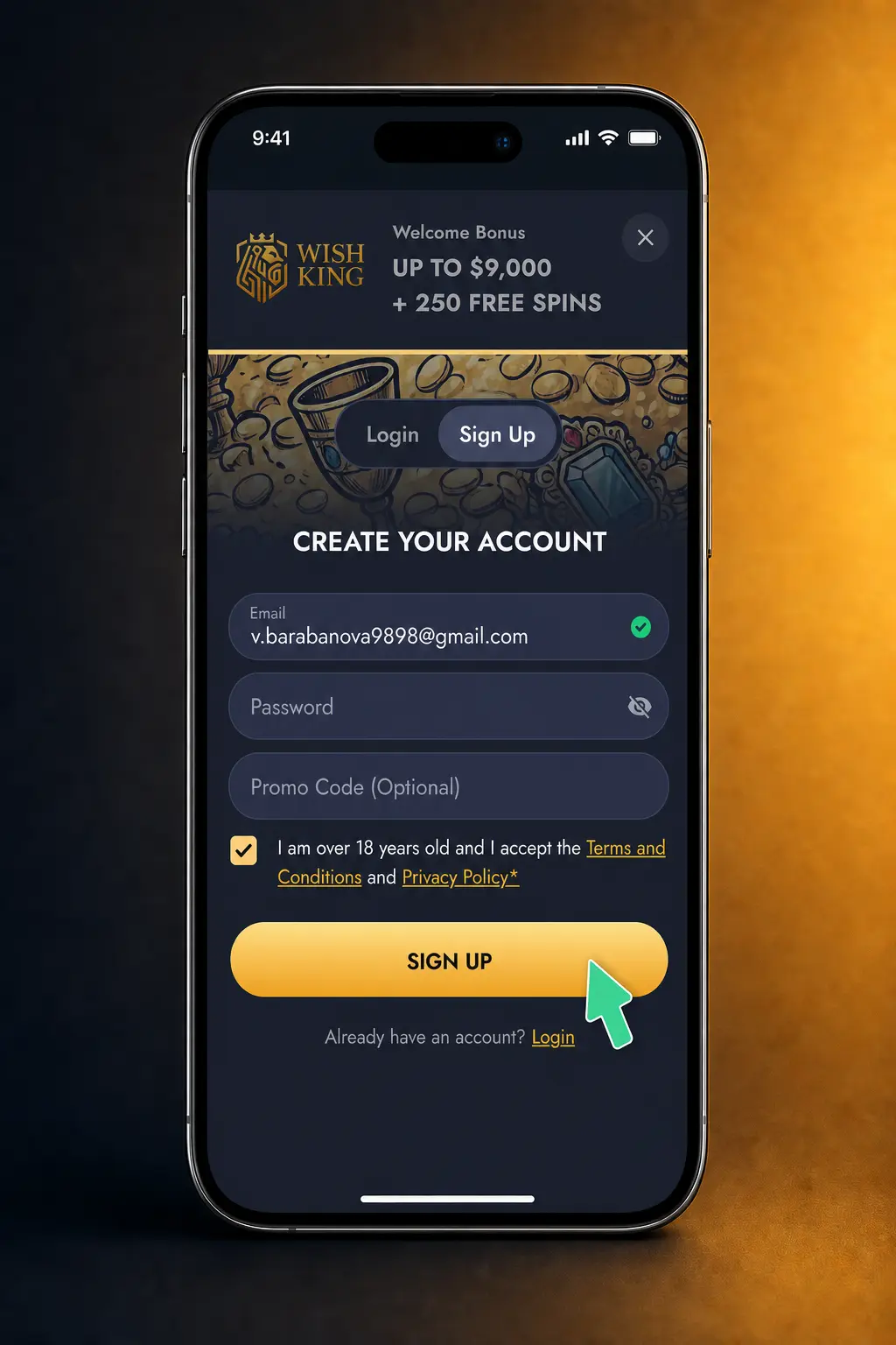 Step-by-step guide showing how to log in, select Slots, search a game, and spin at WishKing Casino.