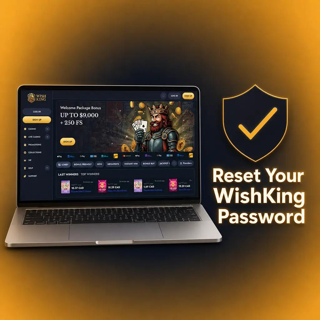 Step-by-step guide showing how to reset a forgotten WishKing account password via email or SMS verification.