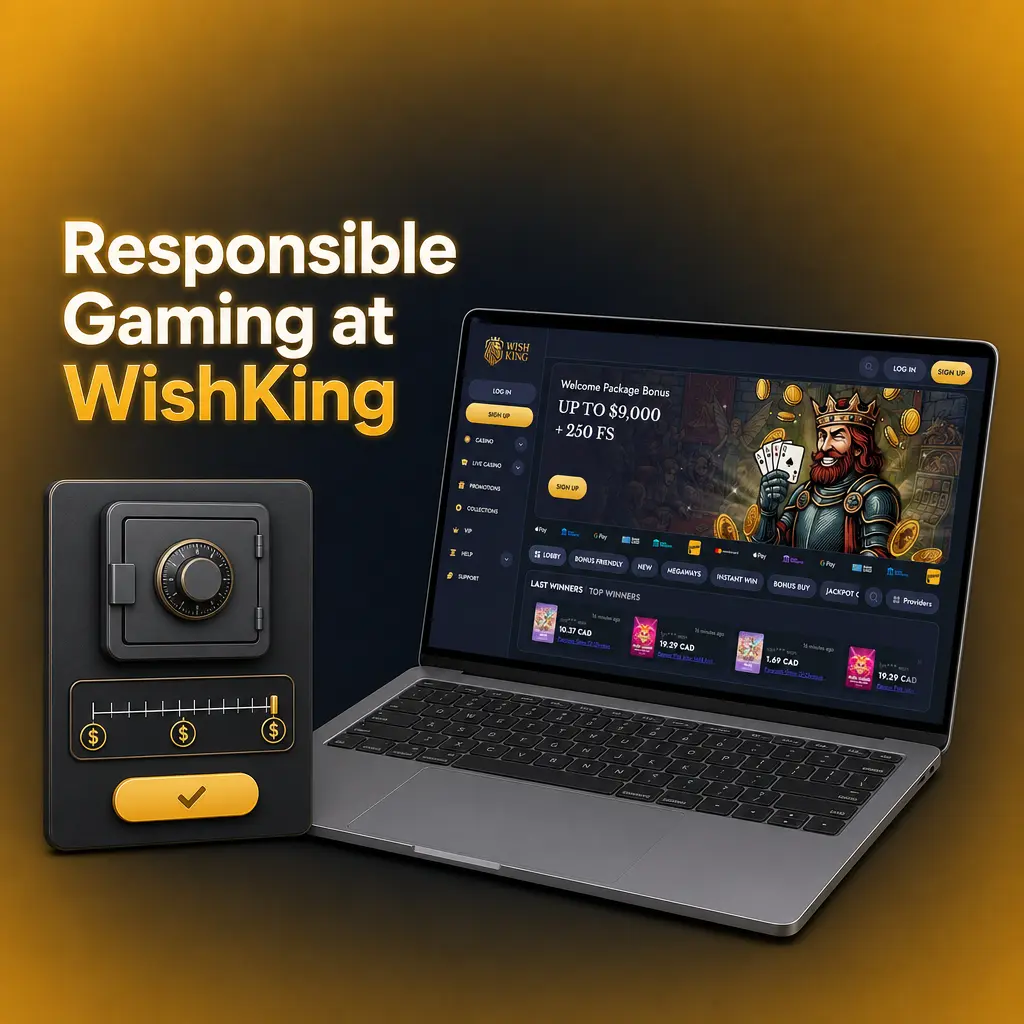 WishKing account settings showing responsible gaming tools: deposit limits, loss limits, self-exclusion and reality checks.