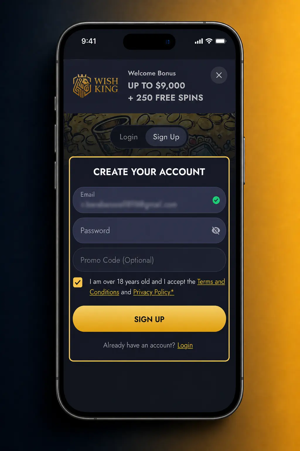 Step-by-step guide to signing up for a WishKing account through the mobile app, available for players 18 and older
