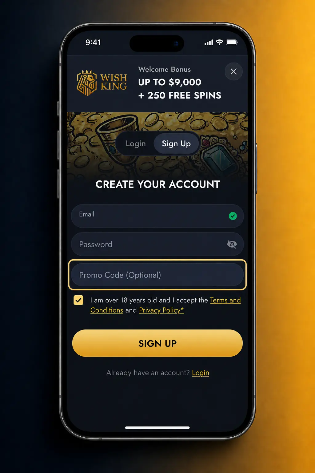 Step-by-step guide to signing up on the WishKing mobile app for players aged 18 and over