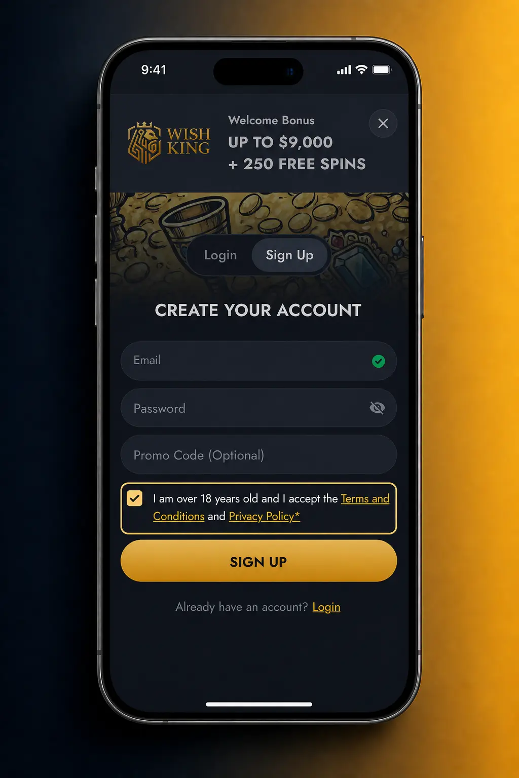 Screenshot of the WishKing mobile app sign-up screen showing quick registration steps for players 18+