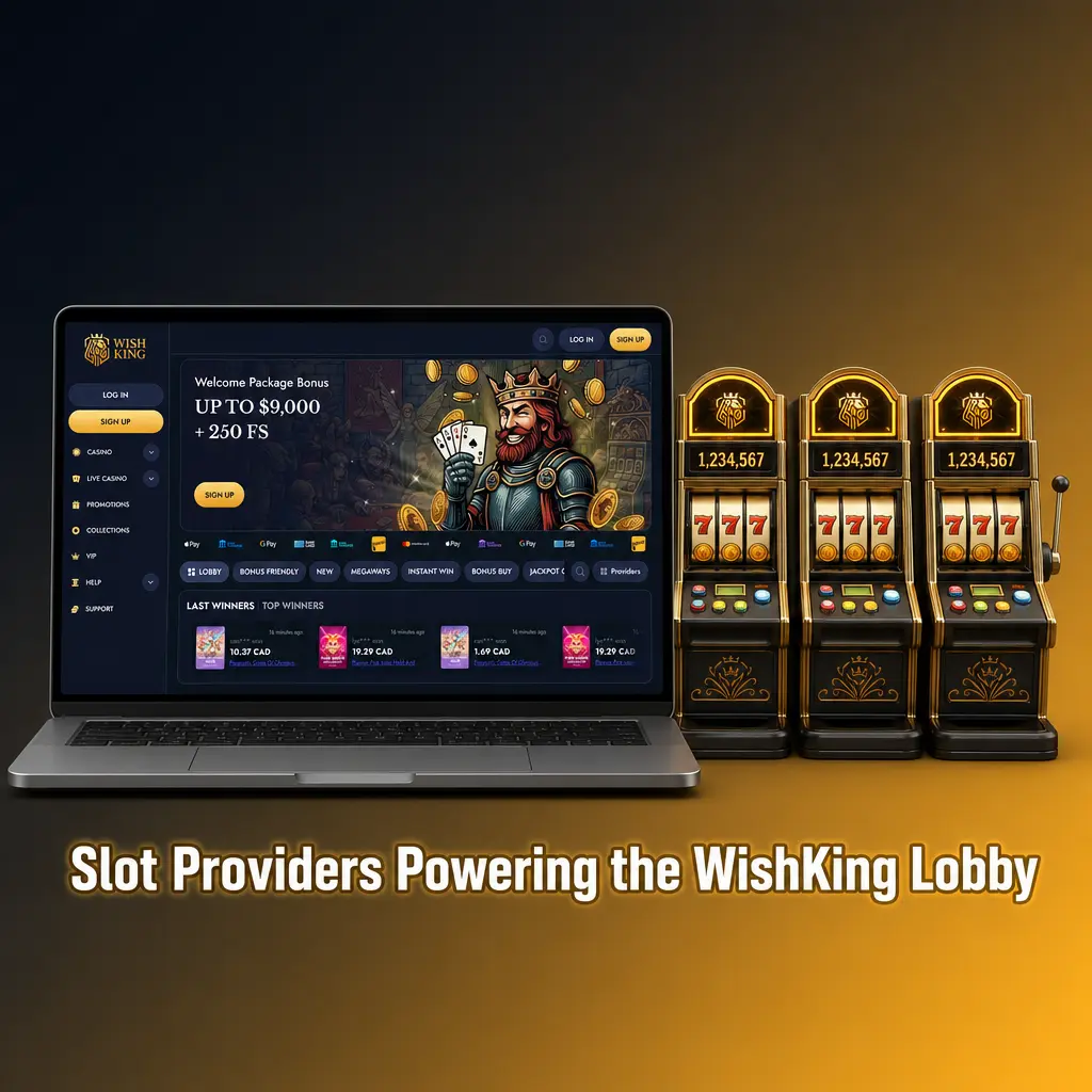 WishKing slots lobby featuring games from Pragmatic Play, NetEnt, Play'n GO, Evolution, and 21 other certified providers.
