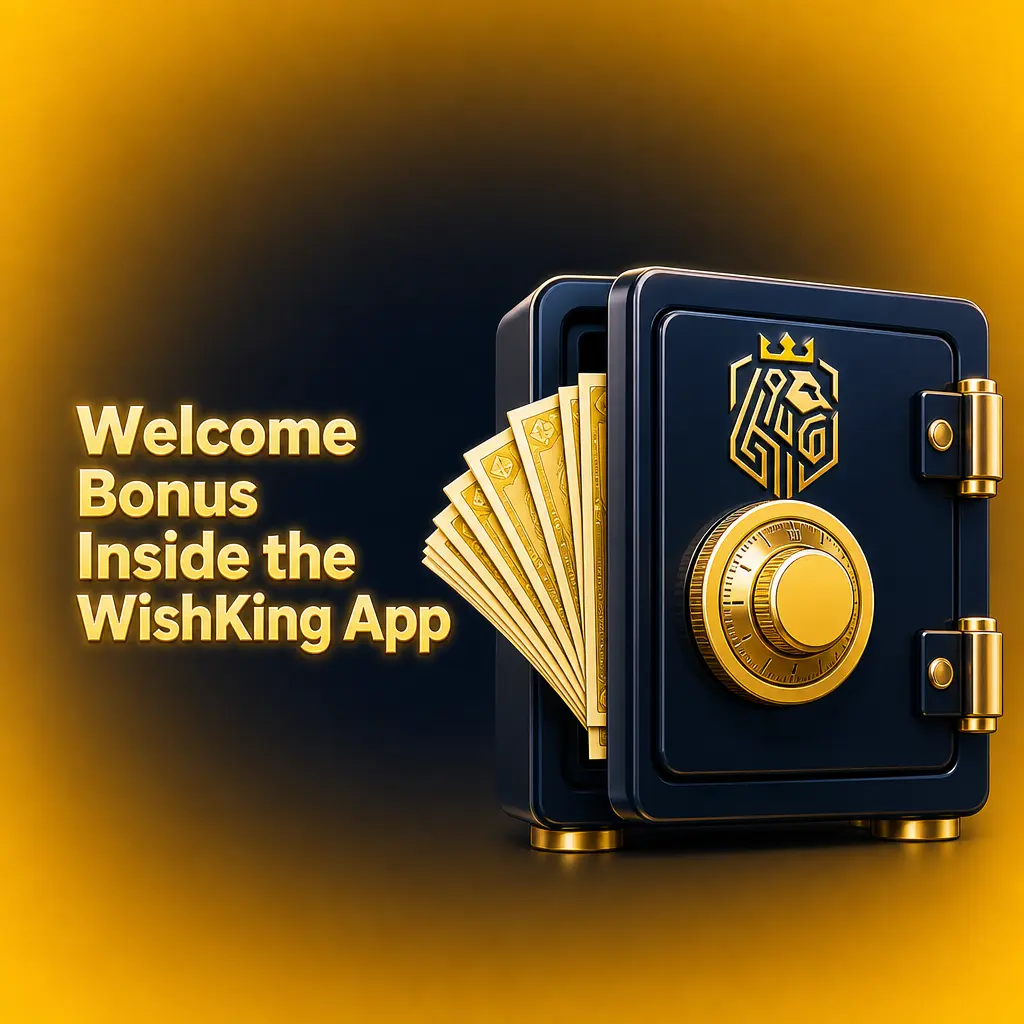 WishKing app welcome bonus screen showing sports and casino deposit match offers with free spins for new players