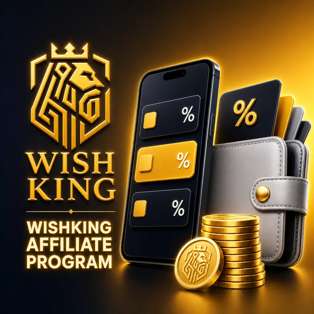 WishKing Affiliate Program logo offering up to 40% revenue share and monthly payouts via USDT, Skrill or bank transfer