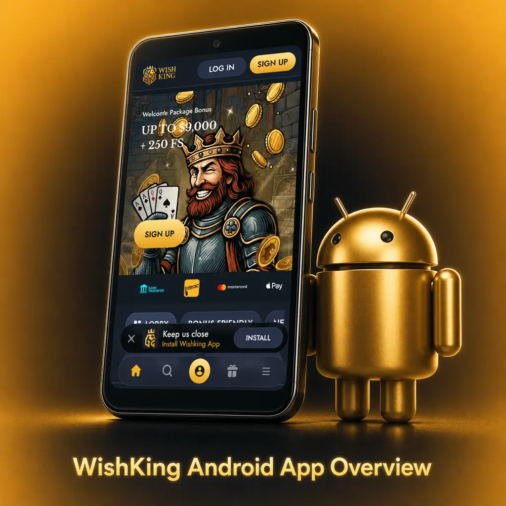 WishKing Android app screen showing sports betting and casino games account dashboard after installation