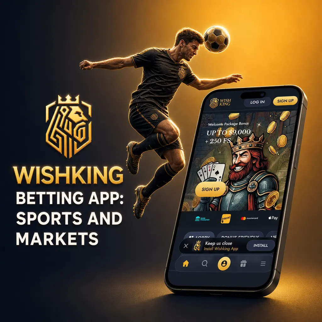 WishKing betting app interface showing sports and esports markets with live streaming, odds, and league tables