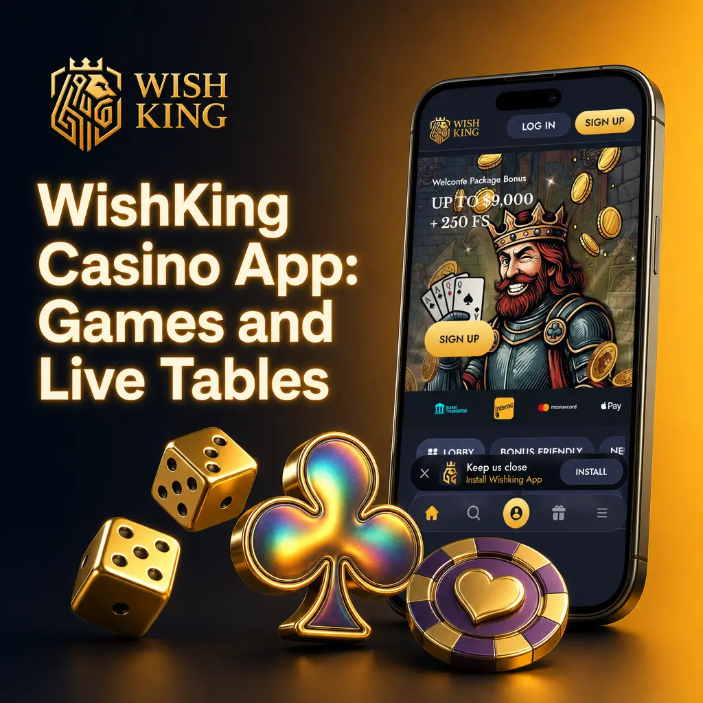 WishKing Casino app screen showing live dealer tables, slots, and sportsbook betting options in one interface.