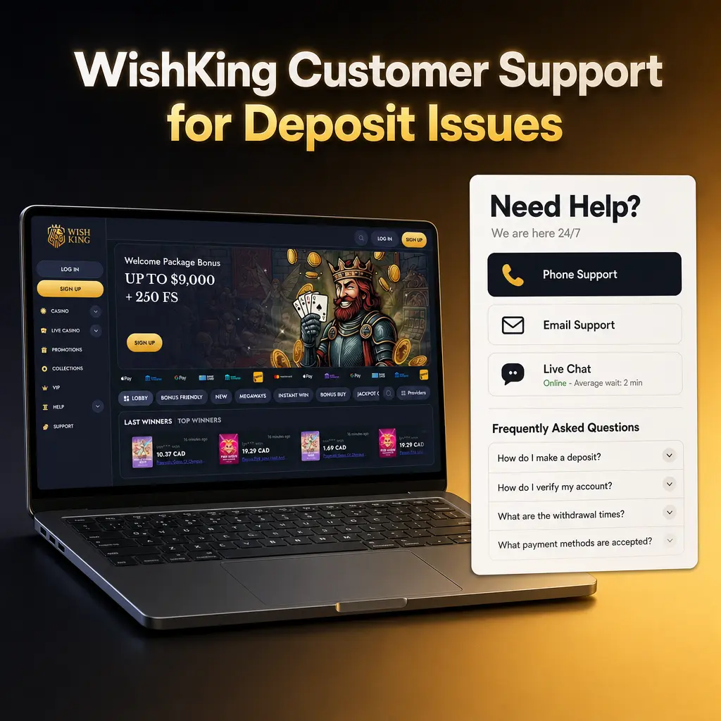 WishKing customer support options for resolving deposit issues via live chat, email, Telegram, and FAQ center