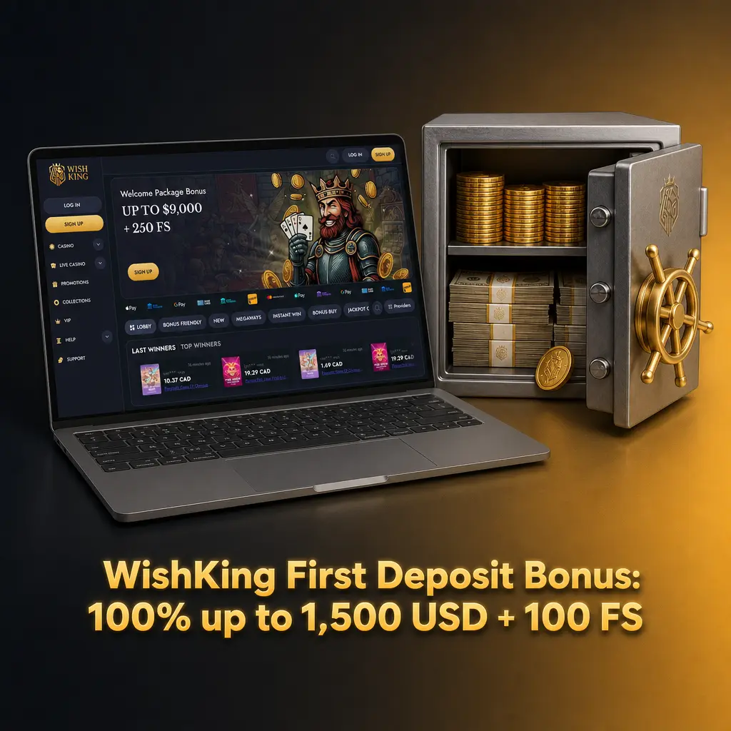 WishKing first deposit bonus: 100% up to 1,500 USD plus 100 free spins for new casino players