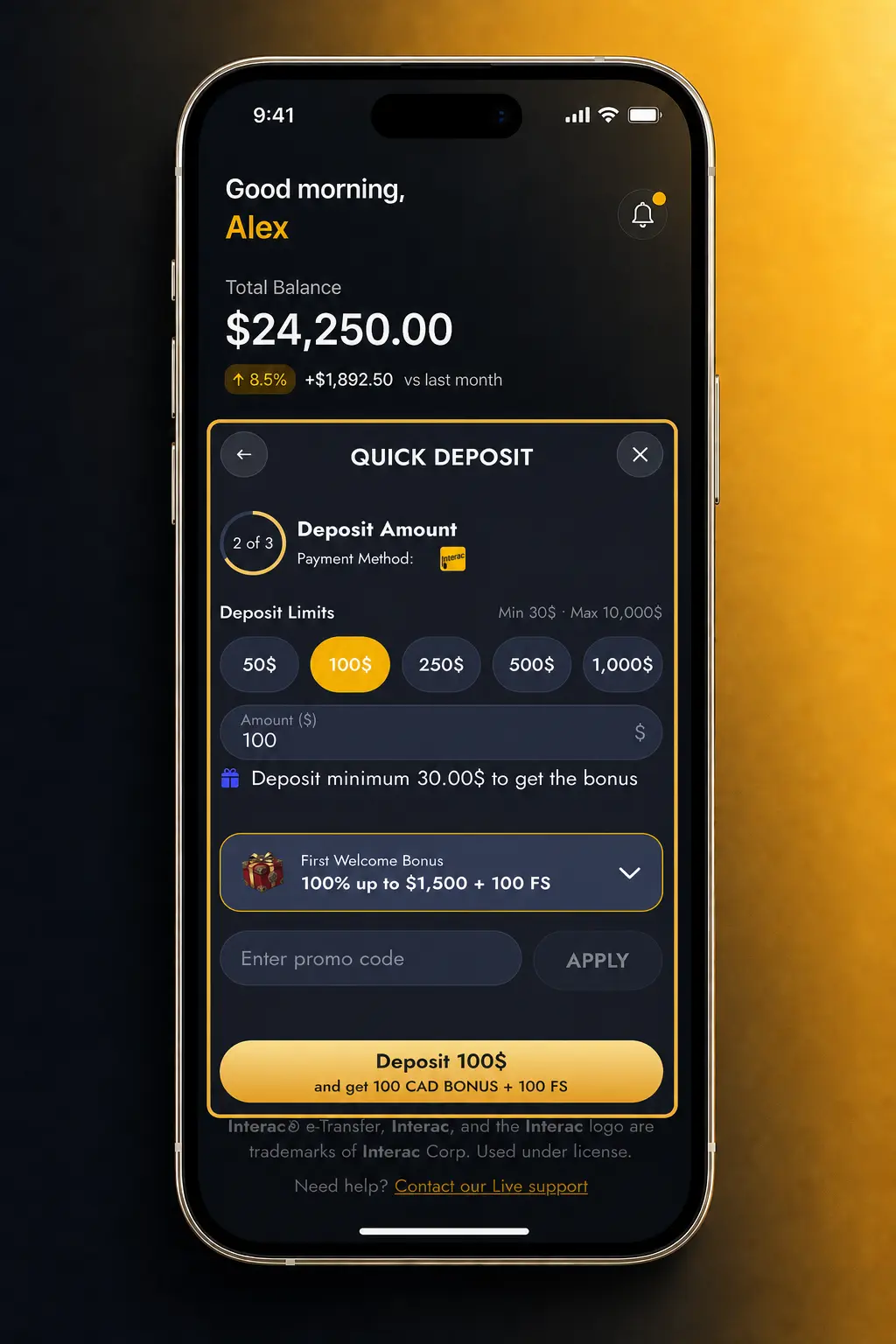 Steps to claim WishKing bonus: register, deposit $20+, enter code WISH1500, check My Bonuses tab