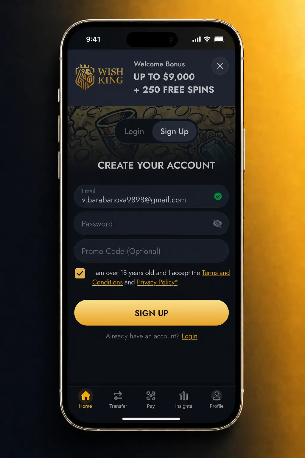 Steps to claim WishKing bonus: register, deposit $20, enter code WISH1500, check My Bonuses tab