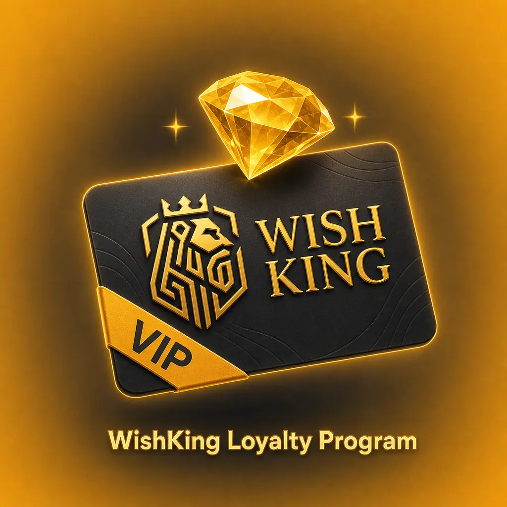 WishKing loyalty program tiers from Bronze to VIP showing points, cash conversion rates and player rewards.