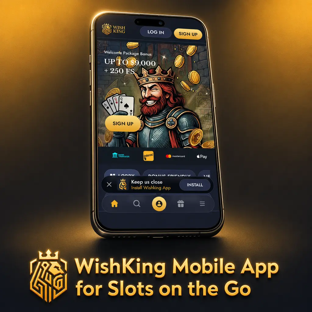WishKing mobile app screen showing slots lobby, spin button, and balance tracker for on-the-go play.