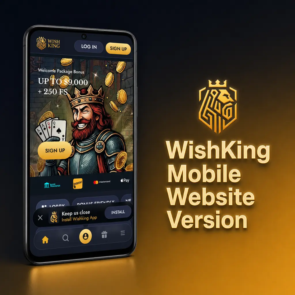WishKing mobile website on phone browser showing sports betting, live streaming, and casino lobby without downloading an app