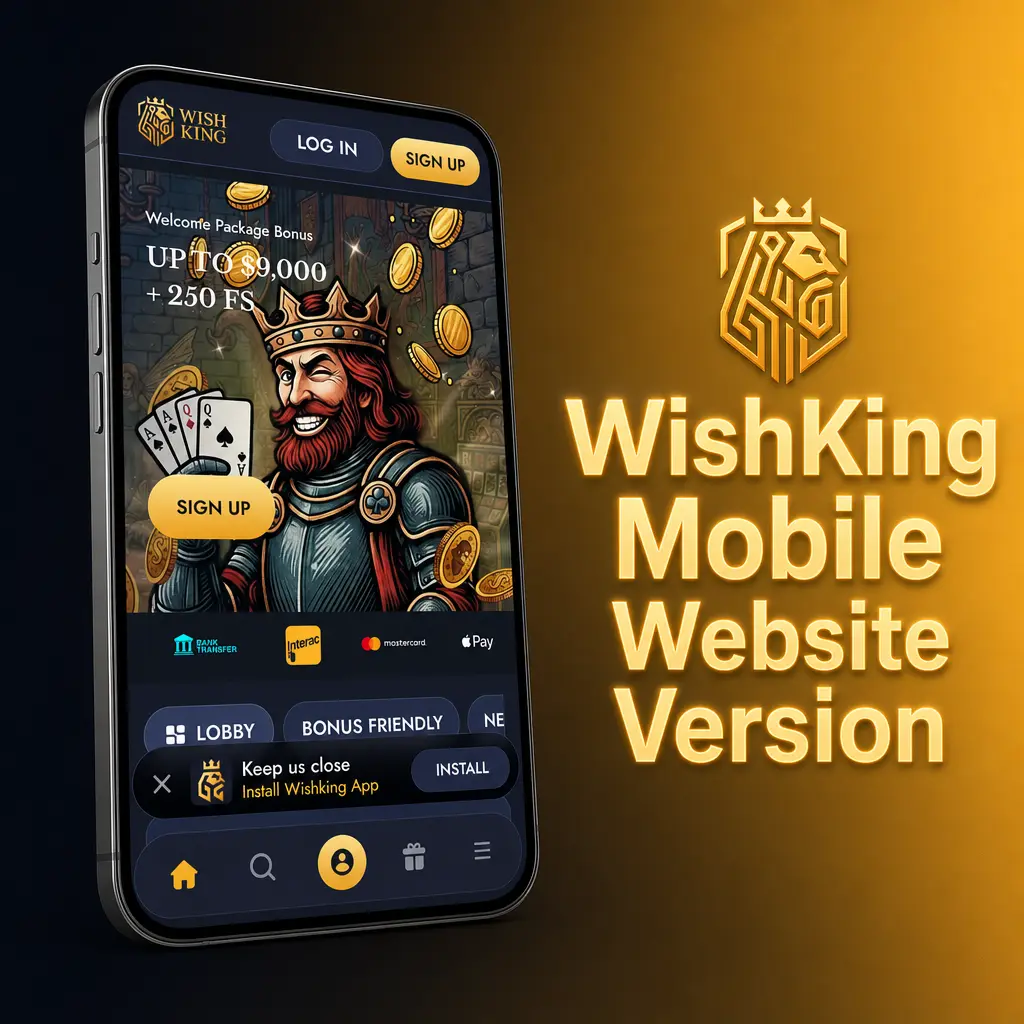 WishKing mobile website open in browser showing sportsbook markets, slots, and live tables with no download needed