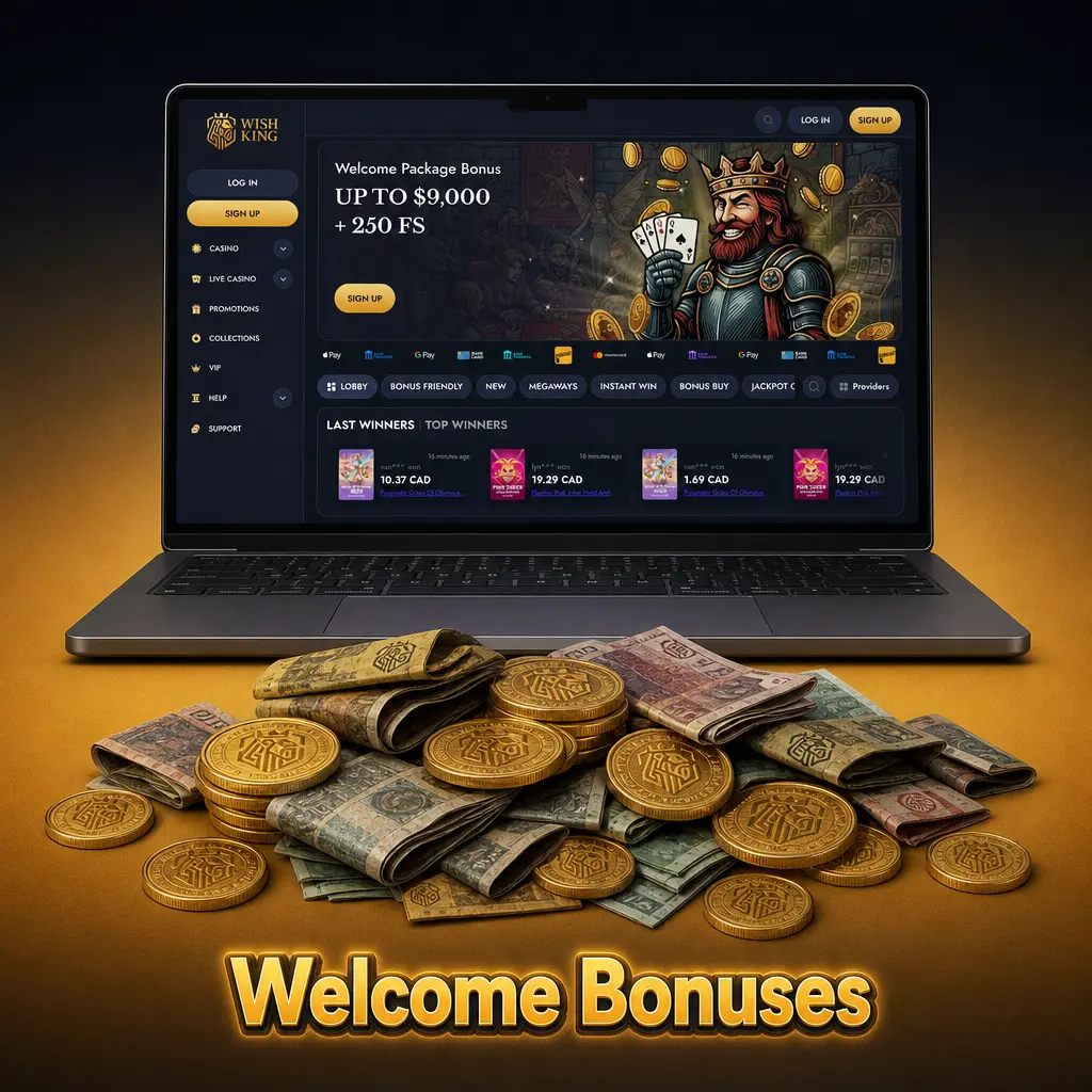 WishKing welcome bonus table showing casino and sportsbook match offers, minimum deposit, wagering and validity terms.