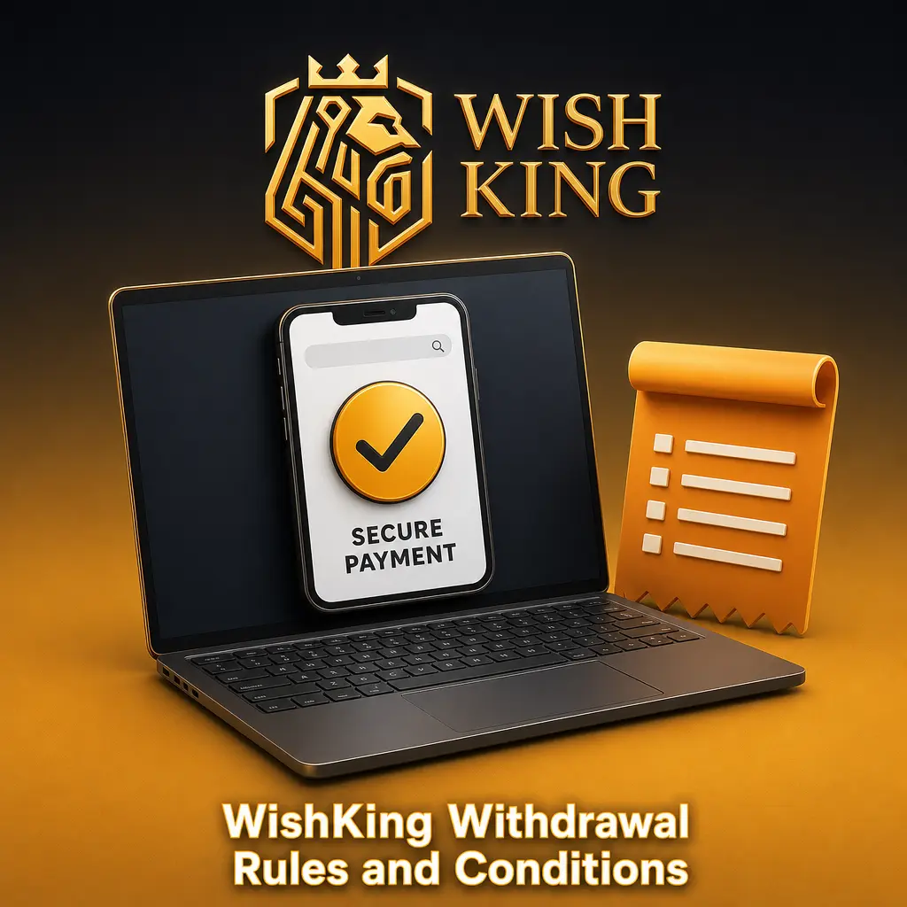 WishKing withdrawal rules: ID verification, wagering requirements, matching payment method, one active request, and minimum USD 20 threshold.